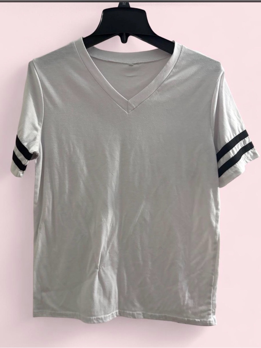 SHEIN Men's White V-Neck Short Sleeve Tee with Black Sleeve Stripes